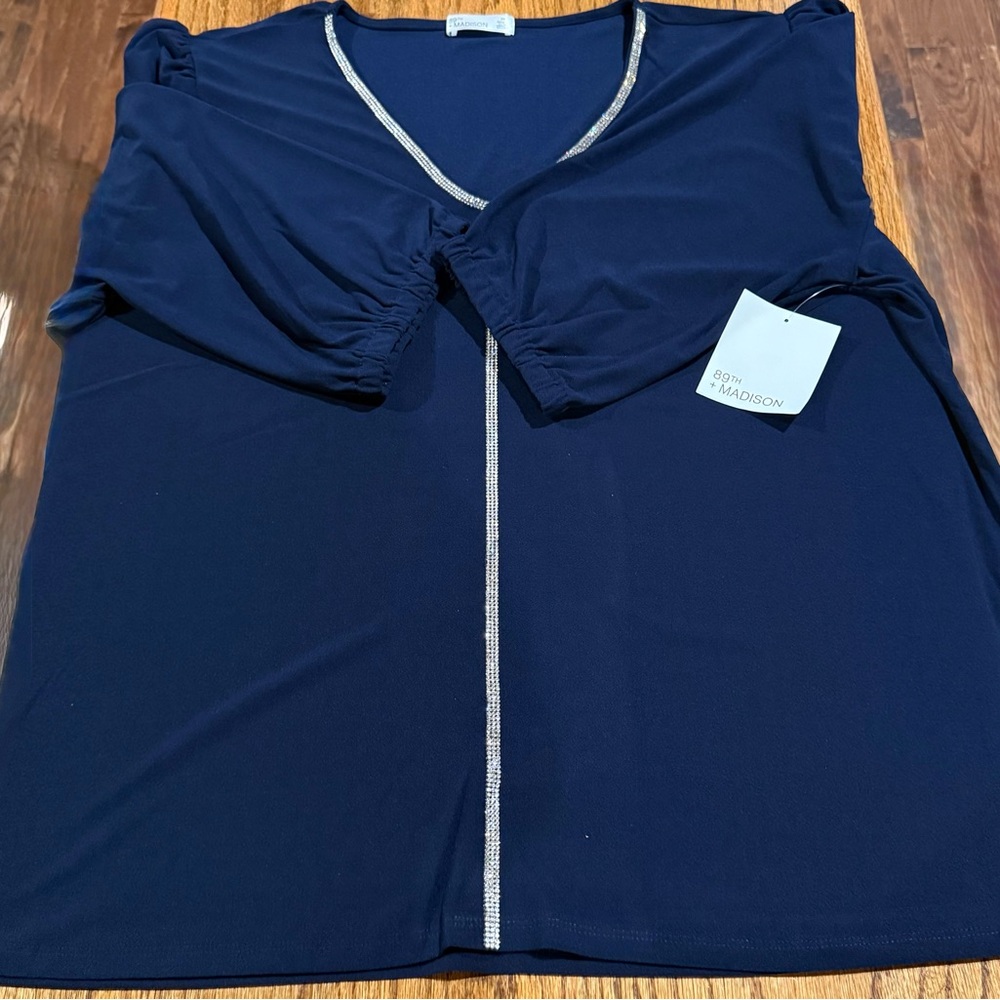 Madison Navy V-Neck Top with Silver Rhinestone Trim